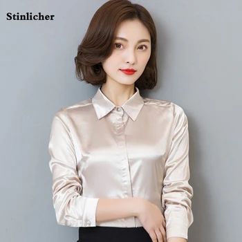 Stinlicher Saten İpek Gömlek Kadın ilkbahar Sonbahar Uzun Kollu Zarif İş Elbisesi Üstleri Kore Moda Beyaz Mavi Siyah Bluz Gömlek