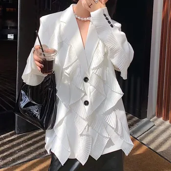 SuperAen Bahar 2022 Fransız Patchwork Dantel Gevşek Takım Elbise Katı Çentikli Ofis kadın ceketi Blazer Kadın