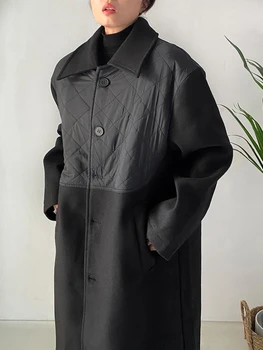SuperAen Kore Siyah Yün Ceket Elmas Şekilli Ekose Pamuk Paneli Yeni Tasarım Moda Yün Ceket Kadınlar için