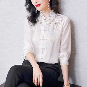 Taklit İpek Gömlek kadın Uzun kollu Çin Nakış Küçük Gömlek 2022 Yeni Moda Hangzhou Taklit İpek bluz