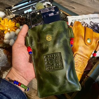 Terzi Brando Y-1 Yüksek Kaliteli Sebze Tabaklanmış El Yapımı Eski Dana Derisi telefon anahtar kılıfı Küçük omuzdan askili çanta