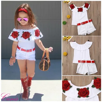 Toddler Bebek Kız Giysileri Çiçek Kapalı Omuz Ruffled Tops + Denim Yırtık Şort 2 ADET Kıyafetler yaz giysileri