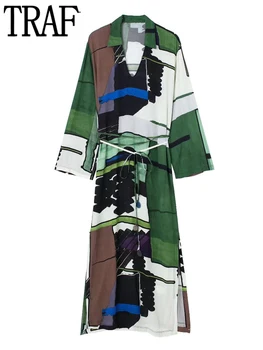 TRAF kadın elbisesi 2022 Yeşil Baskı Maxi Elbise Kadın Uzun Kollu Casual Yaz Elbiseler Kadınlar İçin Bağlı Kemer Plaj Uzun Elbiseler