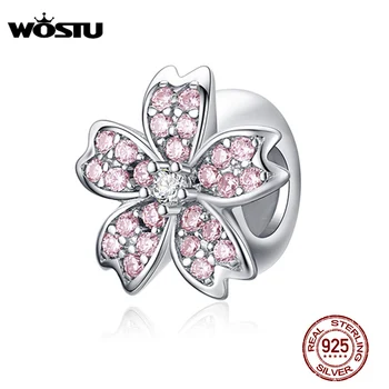 WOSTU Moda 100 % Gerçek Gümüş Pembe Sakura Şanslı Çiçek Charms Boncuk Fit Orijinal Kadınlar Bilezik DIY Takı CQC1291