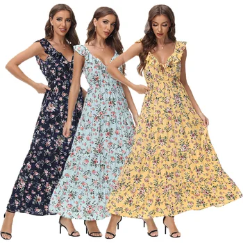 Wıtbuy Yaz Kadın Bohemian Çiçek Maxi Elbise Rayon V Boyun Seksi Backless Kolsuz Yüksek Bel Sundress Kadınlar İçin 2022