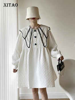 XITAO Moda Rahat Elbise Gevşek Sadelik Mizaç Kontrast Renk Ekleme Peter Pan Yaka Uzun Kollu Sonbahar Yeni WLD9386