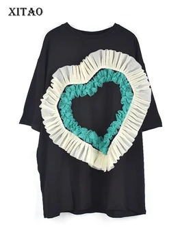 XITAO Moda Rahat T-Shirt Gevşek Sadelik Kontrast Renk Örgü Ekleme İnci Elmas Süslemeleri Kadınlar Tüm Maç Üst WLD8435