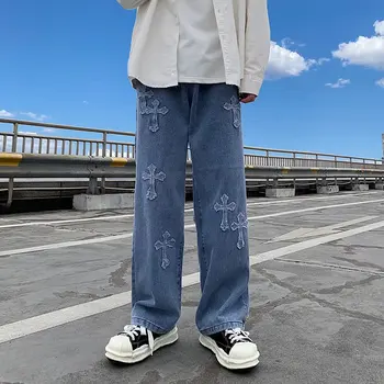Y2K erkek Kot Moda Yüksek Sokak Çapraz Nakış Hip Hop Gelgit Marka Düz Gevşek Tüm Maç Geniş bacak Pantolon Ins Sıcak Satış