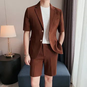 Yaz Ince Moda Waffle Blazers + Şort Iki Parçalı Set Kore Erkekler Kısa Kollu Ceketler Slim Fit Iş Rahat erkek Setleri