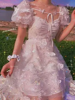 Yaz Kelebek Kravat Peri Prenses Elbise 2022 Yeni Pullu Örgü Tatlı Kız Puf Kollu Elbise Kadınlar İçin Kısa balo kıyafetleri