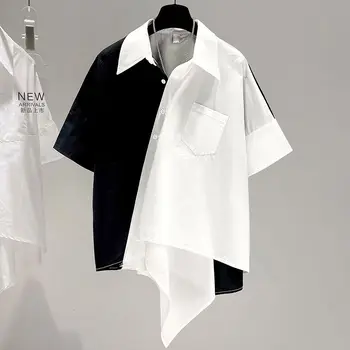 Yaz Şık Polo Yaka Katı Eklenmiş Düzensiz Gömlek Kadınlar için 2022 Yeni Kore Casual Cepler Düğme Bluzlar Kadın Giyim