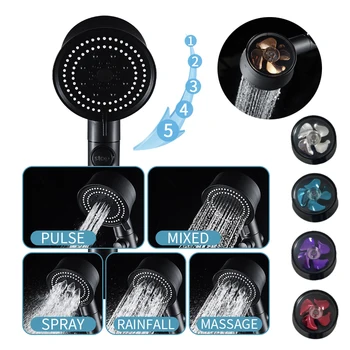 Yeni 5 Modları su tasarruflu duş başlığı Yüksek Basınçlı Siyah Turbo Duş Tek tuşla Durdurma Su Duş Başlığı Küçük Fan Banyo için