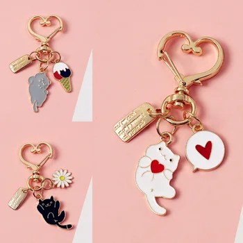 Yeni Kore Sevimli Karikatür Kedi Anahtarlıklar Kadın Araba Anahtarları Çanta anahtar zincirleri Dekor Kolye Takılar Aşk Kalp Kolye Keyfobs Parti Hediye