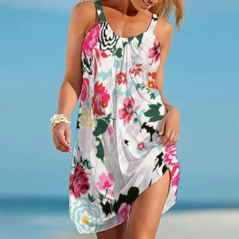 Yeni Yaz Dikişsiz Desen Kadın Giyim Beachwear Degrade Yular Seksi Kolsuz Slim Fit Taze O-Boyun Plaj Elbise Çiçekler 