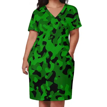 Yeşil Kamuflaj Elbise Artı Boyutu Soyut Tasarım Baskı Sokak Moda rahat elbise Kadın Yaz V Boyun Modern Elbiseler Hediye