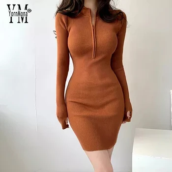 YornMona Sonbahar Kadın Fermuar Fly Örme Kazak Elbise Streetwear Uzun Kollu Ince Elastik Kısa Elbise Bayanlar Bodycon Vestidos