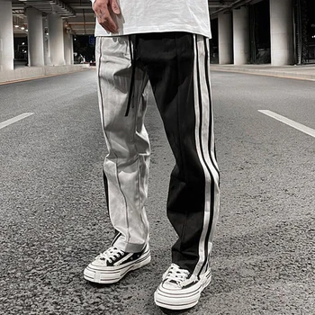 Yüksek Sokak Çizgili Renk Maç İpli Rahat Erkek Süet Pantolon Düz Hip Hop Boy Ayak Bileği Fermuar Gevşek Pantolon