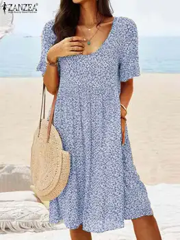 ZANZEA Çiçek Baskı Elbise Yaz Kadın Kısa Kollu O-boyun Elbiseler Bohemian Tatil Rahat Plaj Elbise Diz Boyu Sundress