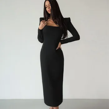 Zarif Siyah Bodycon Elbise Streç Kare Boyun Uzun kollu parti elbiseler Kadın Sonbahar Bölünmüş Orta Buzağı Katı Seksi Elbise 2022