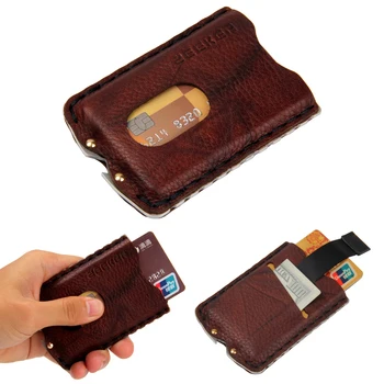 ZEEKER erkek P Testere Dişi kenar tasarım Metal Ön Cep RFID Engelleme kart tutucu El Yapımı Hakiki deri cüzdan-Kahverengi