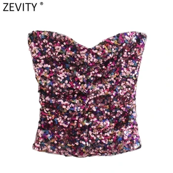 Zevity Yeni Kadın Yüksek Sokak Straplez Renkli Payetli İnce kısa bluz Bayanlar Şık Y2K Tüp Gömlek Kazak Kırpma Üstleri LS9986