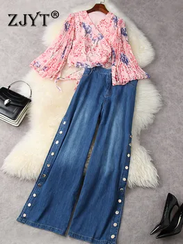 ZJYT Baskı şifon bluz pantolon seti Kostüm Kadınlar 2022 İlkbahar Yaz Kot İki Adet Kıyafetler Parlama Kollu Üst Pantolon Takım Elbise
