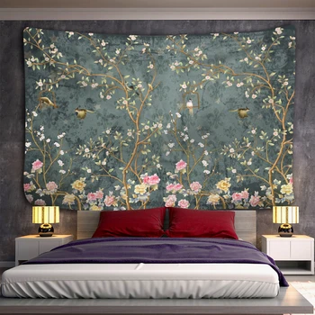 Çiçek Kuş Yağlıboya Goblen duvara asılan tabo Estetik Tema Ev Oturma Odası Yatak Odası Dekorasyon Asılı Perde Kadın