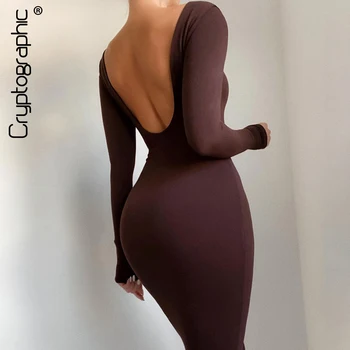 Şifreleme 2021 Bahar Seksi Backless Midi Elbiseler Bodycon Zarif Akşam Kulübü Parti Doğum Günü Kahverengi Uzun Kollu Elbise Kadınlar