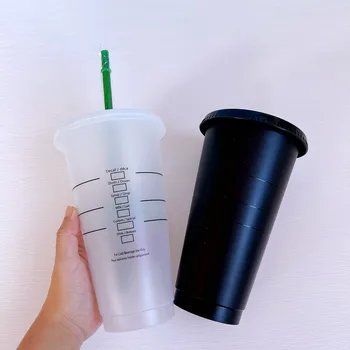 710ml Siyah Beyaz Saman kapaklı bardak Logo İle Renk Değişimi Kahve Fincanı Kullanımlık Bardak Plastik Bardak Mat Finish Kahve Kupa