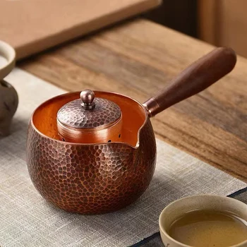 El sanatları saf bakır çaydanlık su ısıtıcısı kahve çay potu kolu ile su kazanı çekiç desen Drinkware