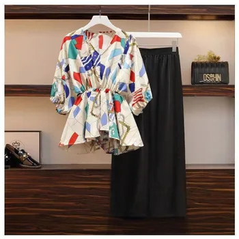Kadın Takım Elbise Artı Boyutu Giyim 2022 Yeni Yaz Kadın Moda V Yaka Şifon Yarasa Kollu Üstleri Pantolon İki Parçalı Set Kore Kıyafet