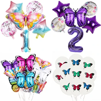 Kelebek Numarası Balonlar Set Pembe Mor Doğum Günü Kelebek Alüminyum Folyo Balon Bebek Duş Doğum Günü Partisi Düğün Dekorasyon