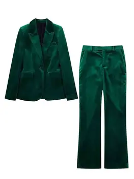 KLKXMYT TRAF 2023 Kış Kadın 2 Parça Setleri Moda Kadife Blazer Ceket + Uzun pantolon Takım Elbise Rahat Zarif İki Parçalı Bayan Kıyafetler