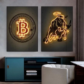 Neon Bitcoin Boğa Kripto Altın duvar sanatı tuval yağlıboya Sığır Posteri ve Baskı Resim Ev Dekorasyon Oturma Odası Dekor için