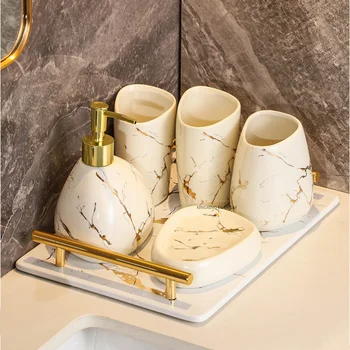 Platin Mermer Doku Banyo Dekorasyon Aksesuarları Diş Fırçası Tutucu Diş Macunu Dağıtıcı Sabunluk Banyo Depolama Tepsisi
