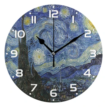 Van Gogh Yağlıboya Sanat Yuvarlak duvar saati Sessiz Sigara Geçiyor Asılı Duvar Saati Oturma Odası Yatak Odası İçin Sessiz Masa Saati Dekor