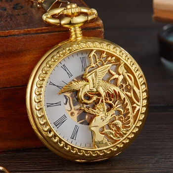 Vintage Mekanik cep saati İçi Boş Phoenix Kuş Roma İskelet Saat El Sarma Erkekler Fob Zinciri Saatler çift Kutu Saat