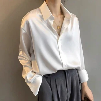 Yeni Kore Zarif Resmi Klasik Gömlek Kadın Uzun Kollu Beyaz Taklit İpek Bluzlar OL Pürüzsüz Saten Yaka Bahar Gömlek